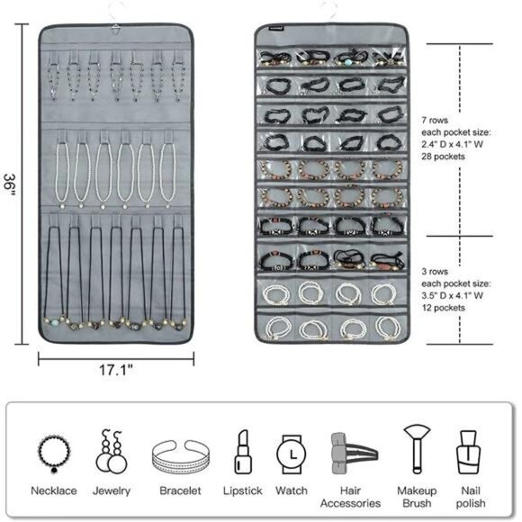 Dual-sided Hanging Jewelry Make Up with 40 Pockets  20 Hook Loops  Organizatio… - Picture 2 of 8